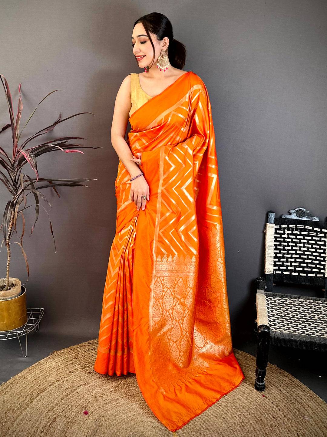 Orange Geometric Zari Weave Banarasi Pattu Saree