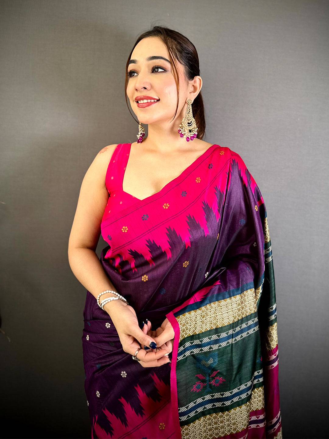 Pink Cotton Katan Bomkai Rich Pallu Pattu Saree