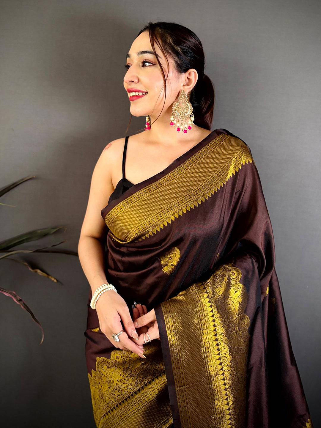 Chocolate Brown Soft Silk Ethnic Motif Pattu Saree