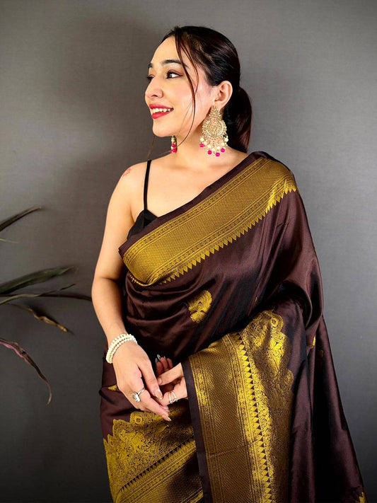 Chocolate Brown Soft Silk Ethnic Motif Pattu Saree