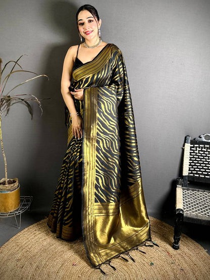 Banarasi Katan Silk Zebra Stripe Zari Pattu Saree