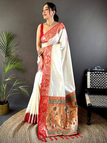 White Soft Silk Yevla Pathani Pattu Saree


