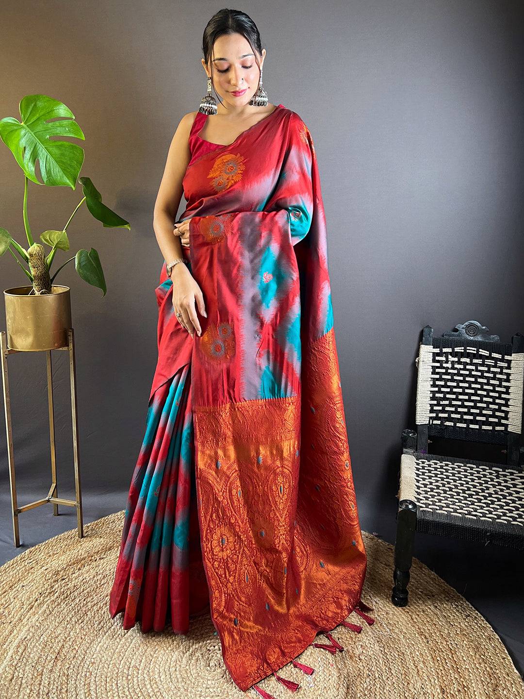 Teal Tussar Silk Ikkat Weaving Pattu Saree