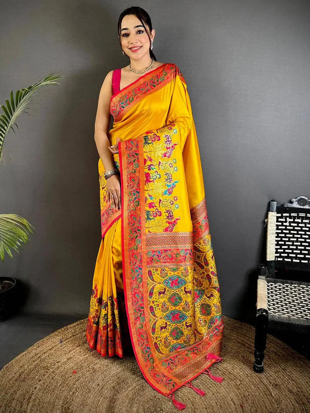 Yellow Soft Semi Silk Minakari Weave Pattu Saree