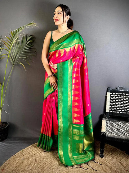 Pink Rudraksha Temple Weave Pattu Saree