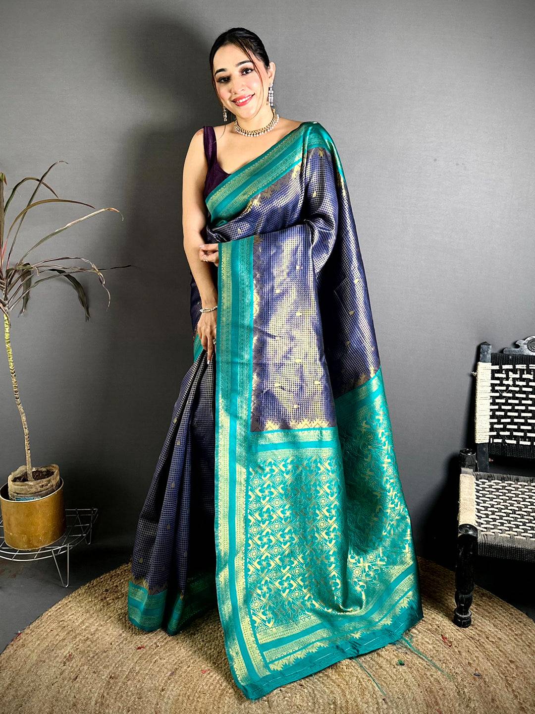 Navy Banarasi Katan Silk Gadwal Zari Pattu Saree