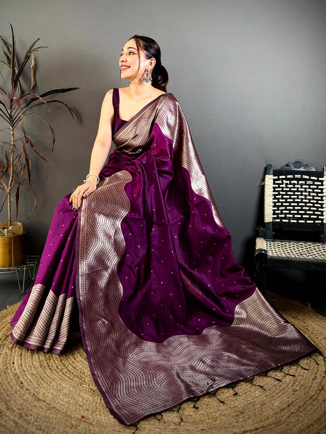 Wine Anmol Zari Banarasi Katan Silk Pattu Saree