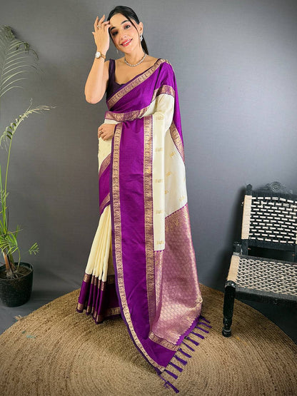 White Gadhwal Pure Soft Silk Pattu Saree