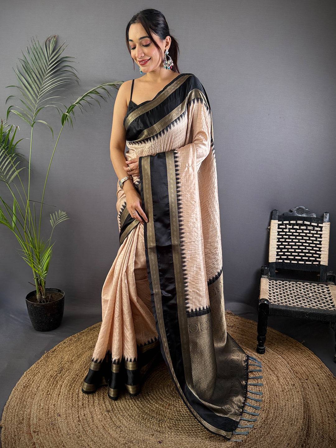 Beige Zari Checked Satin Rettapet Pattu Saree