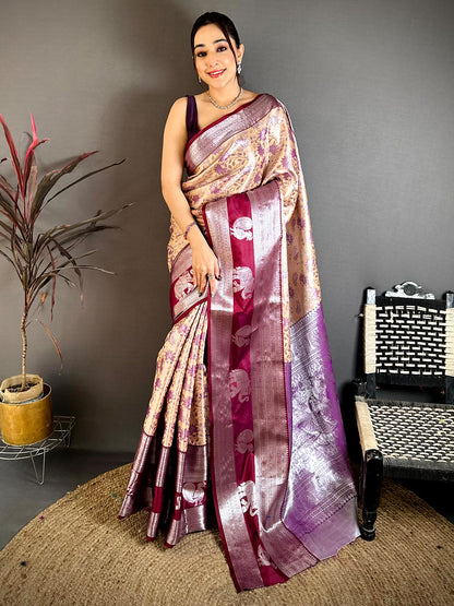 Beige Dharmavaram Double Ikkat Pattu Saree