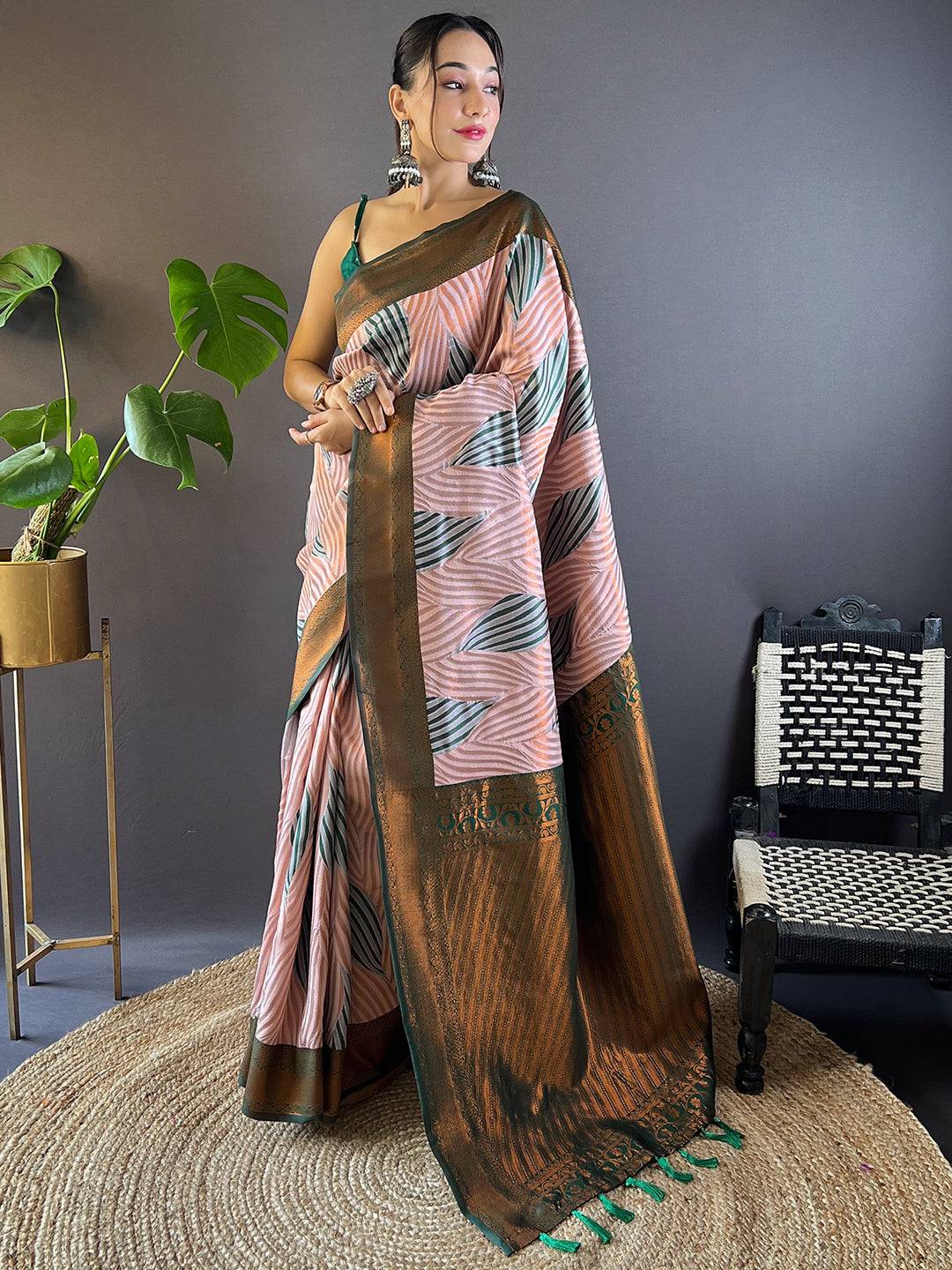 Muvel Tussar Silk Zari Weaving Ikkat Pattu Saree