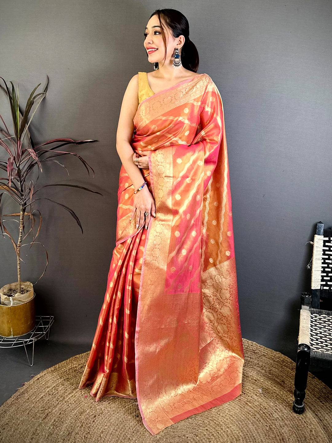 Coral Glass Crush Tissue Leheriya Pattu Saree