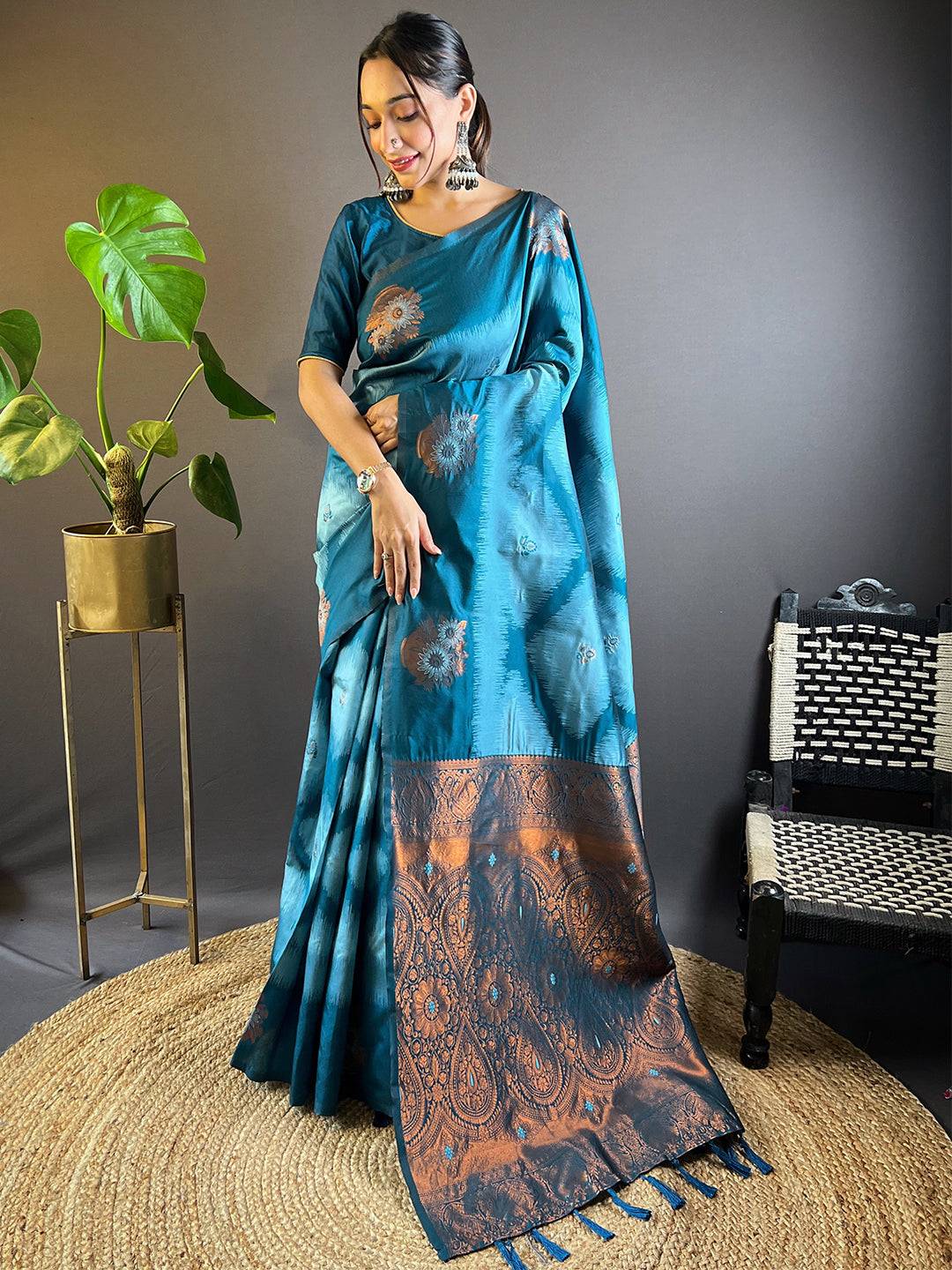 Blue Tussar Silk Ikkat Weaving Pattu Saree