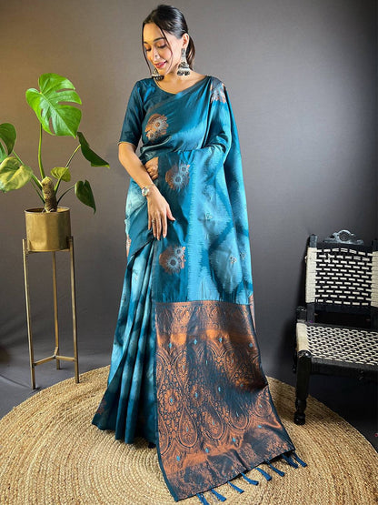 Blue Tussar Silk Ikkat Weaving Pattu Saree