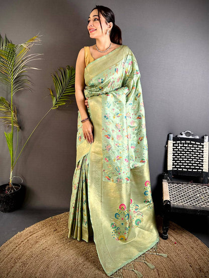 Pista Banarasi Minakari Floral Silk Pattu Saree

