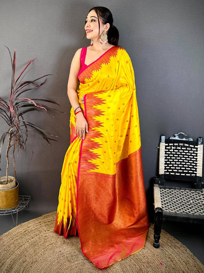 Mustard Yellow Soft Silk Kanjivaram Pattu Saree