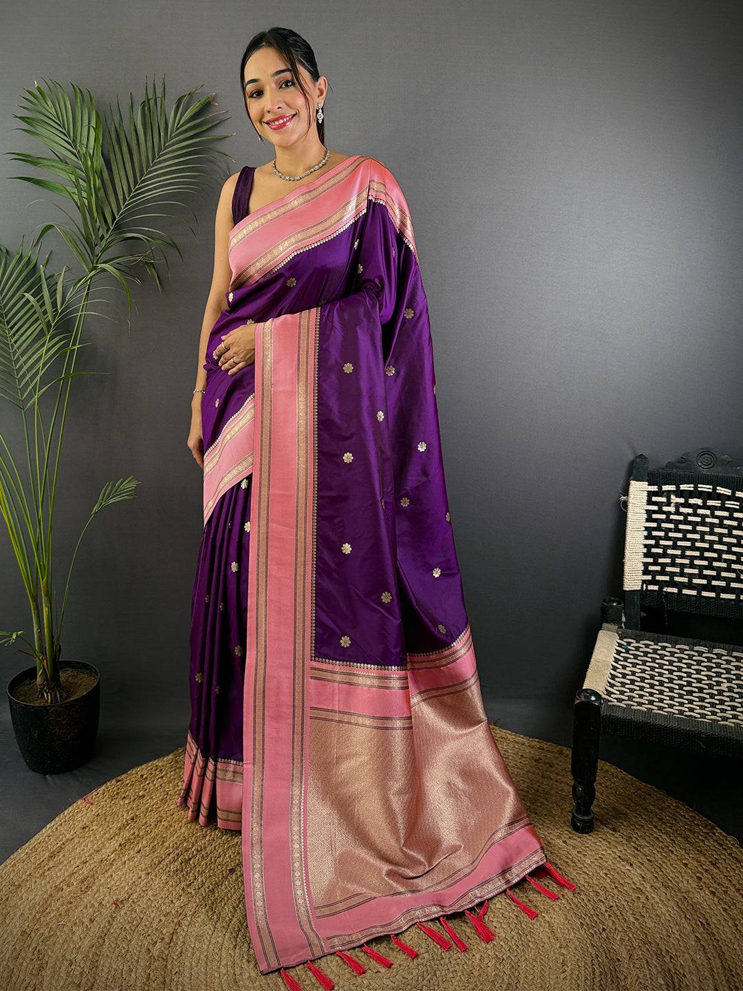 Vibrant Wine Soft Silk Floral Butta Pattu Saree