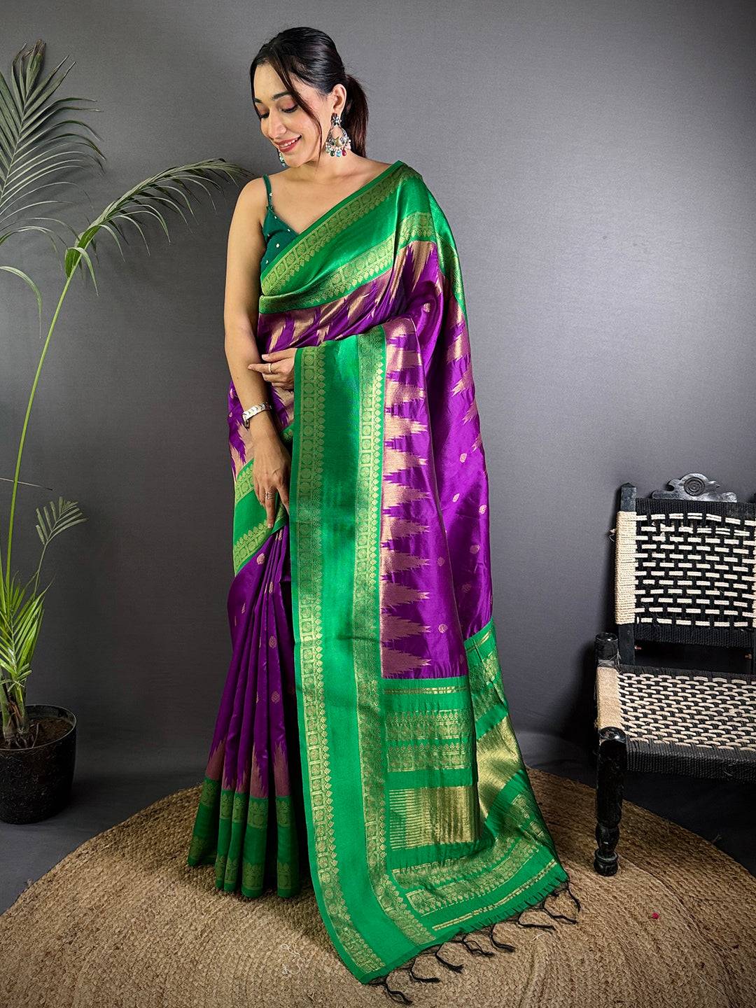 Rudraksha Temple Weave Katan Silk Pattu Saree
