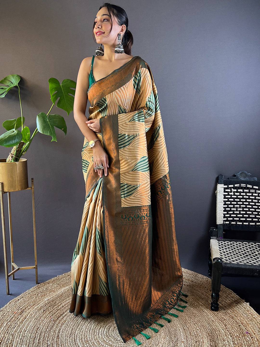 Brown Tussar Silk Zari Weaving Ikkat Pattu Saree