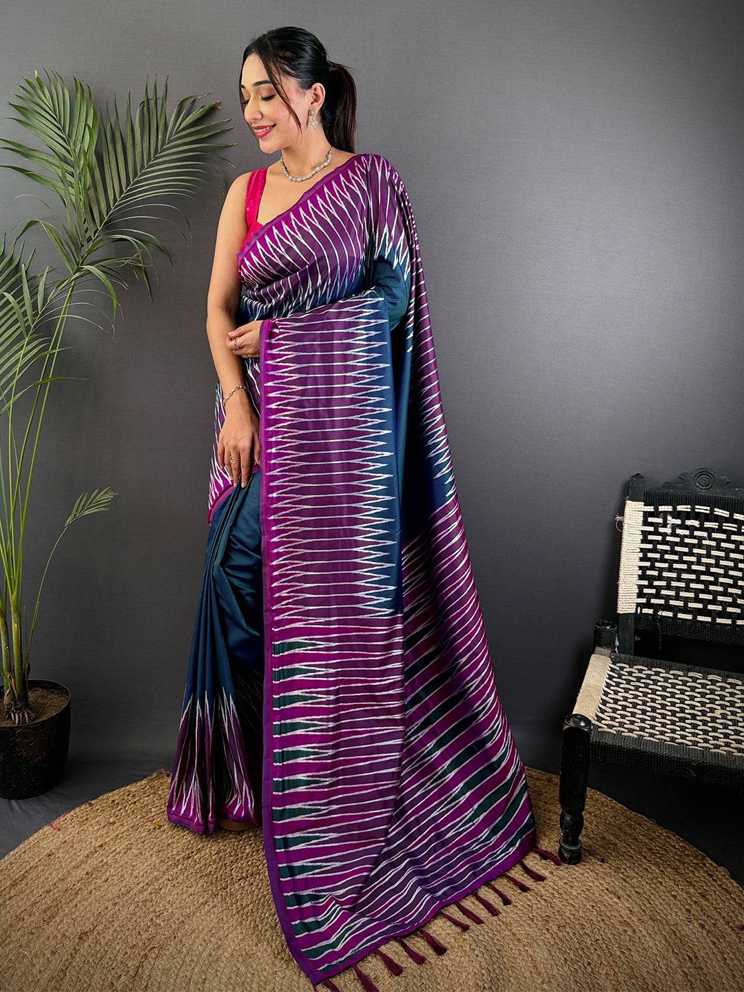 Blue Soft Silk Ikkat Zari Weaving Pattu Saree