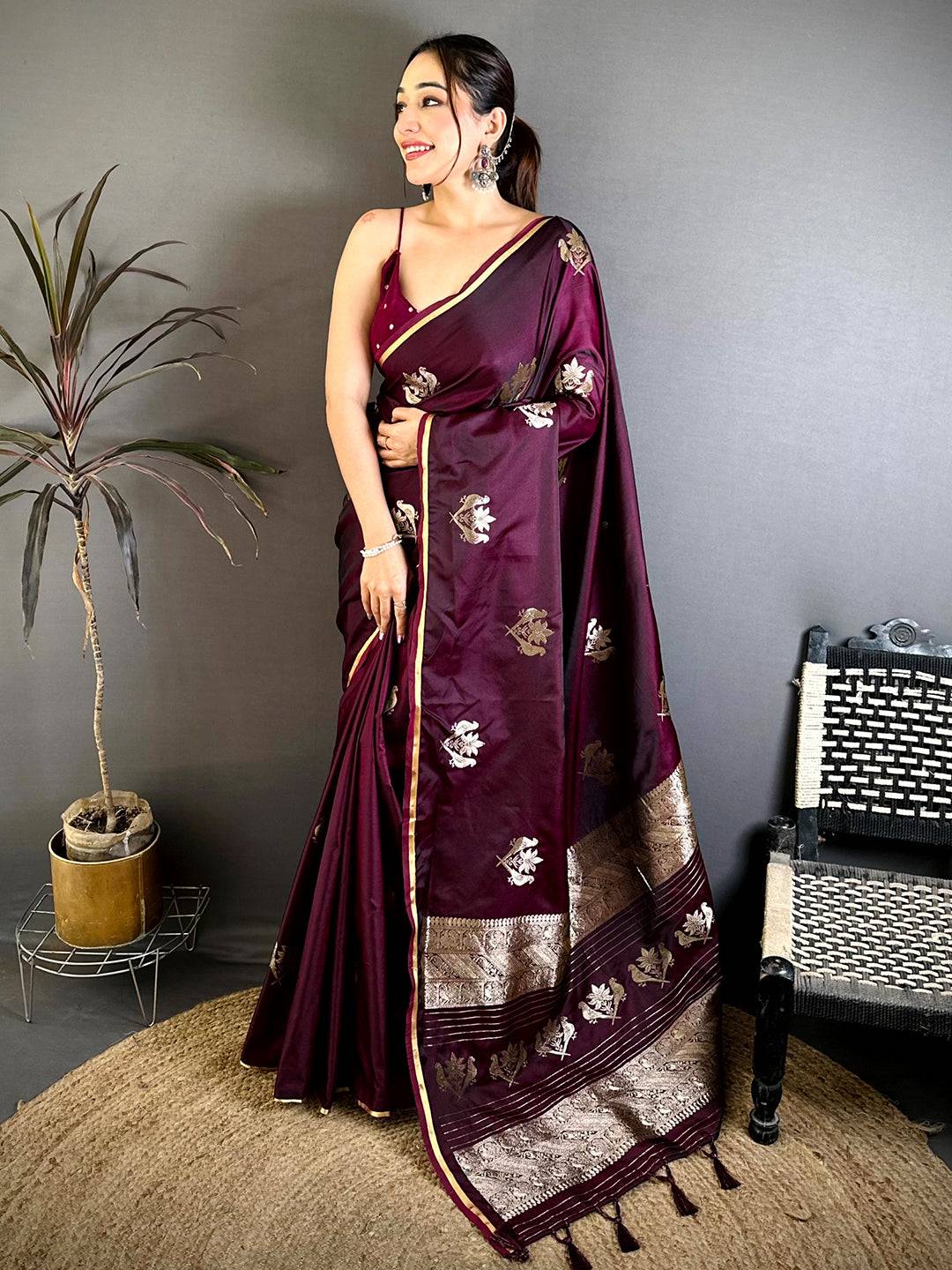 Wine Bird Weaving Mashru Satin Pattu Saree