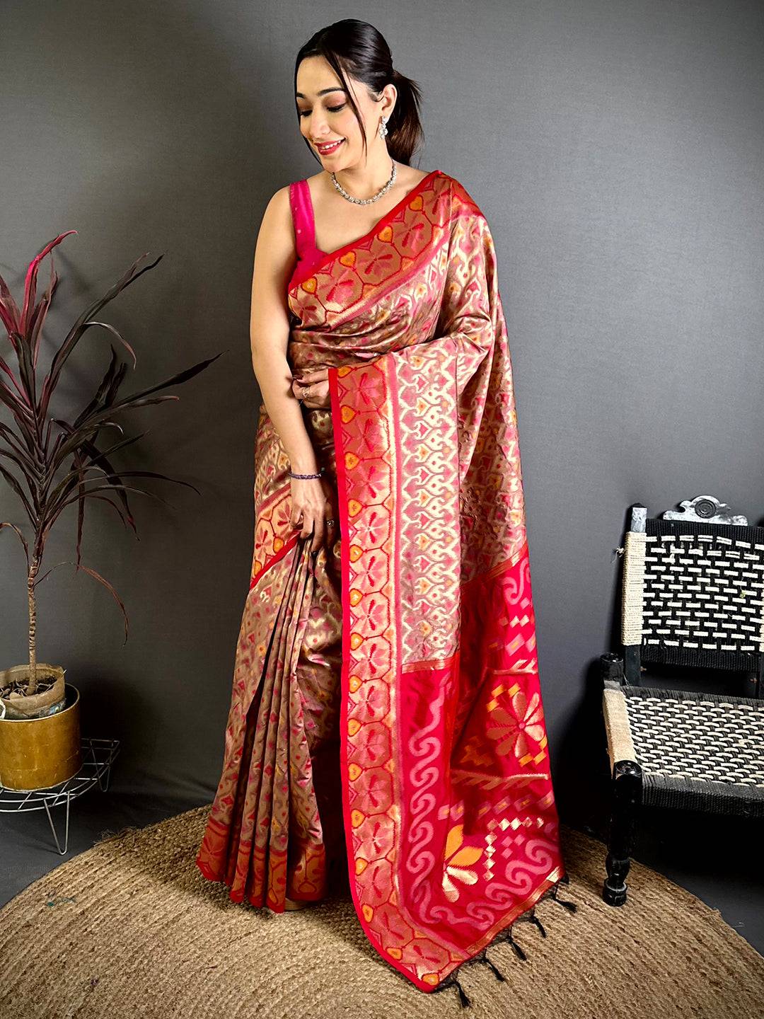 Radiant Peach Ikkat Soft Silk Pattu Saree