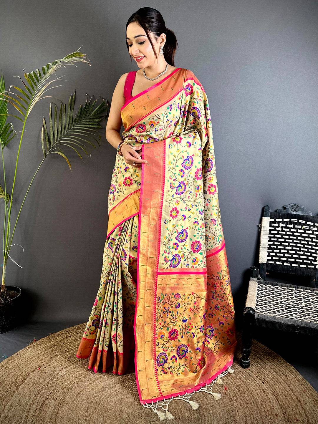 Cream Minakari Weave Soft Paithani Pattu Saree

