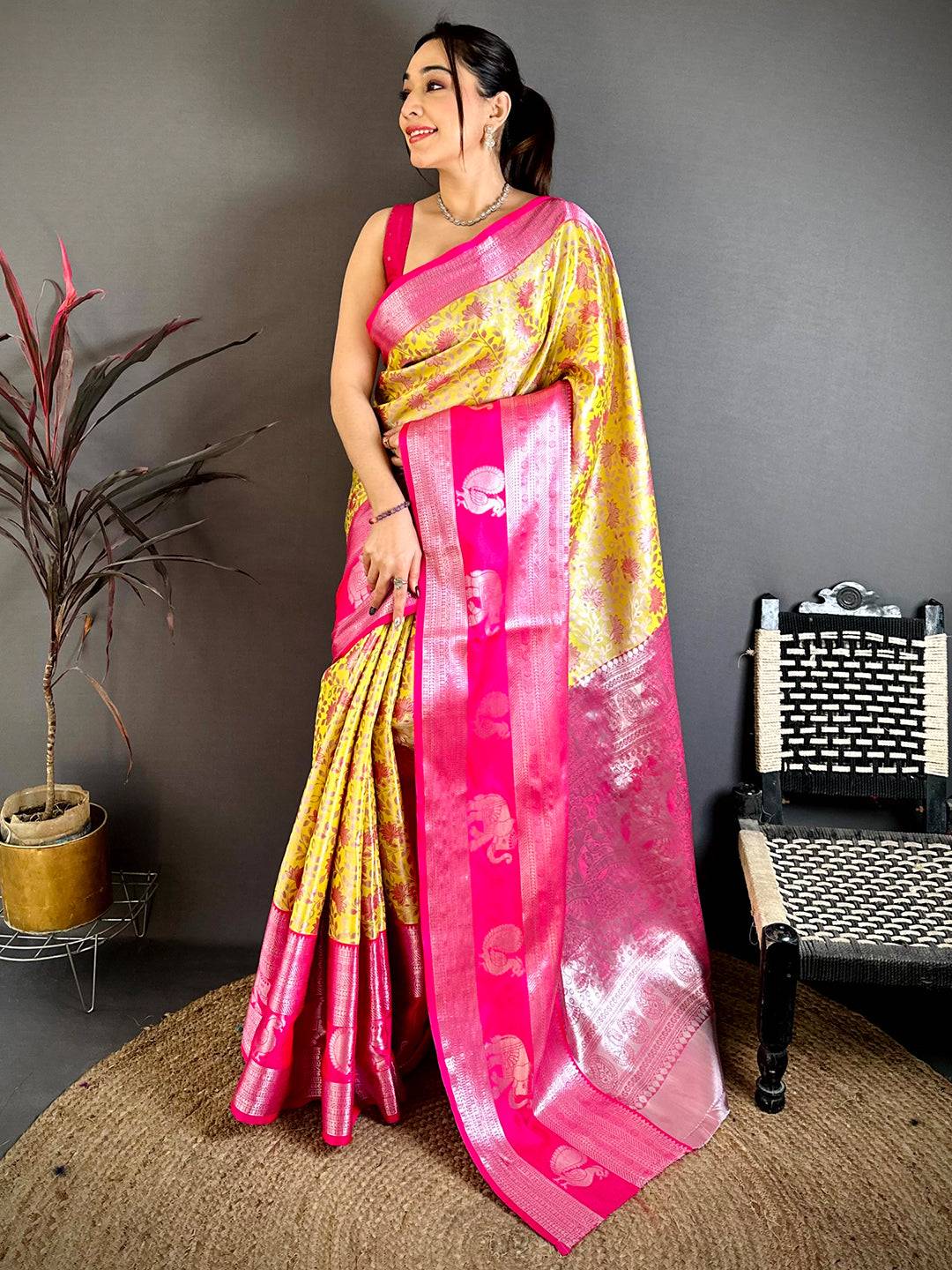 Mustard Dharmavaram Double Ikkat Pattu Saree