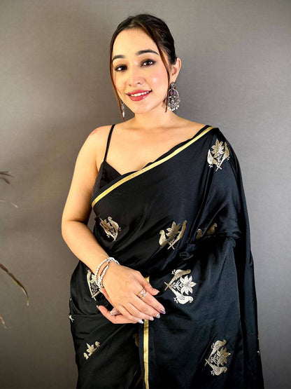 Black Bird Weaving Mashru Satin Pattu Saree