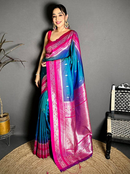 Gold Zari Woven Teal Soft Silk Pattu Saree