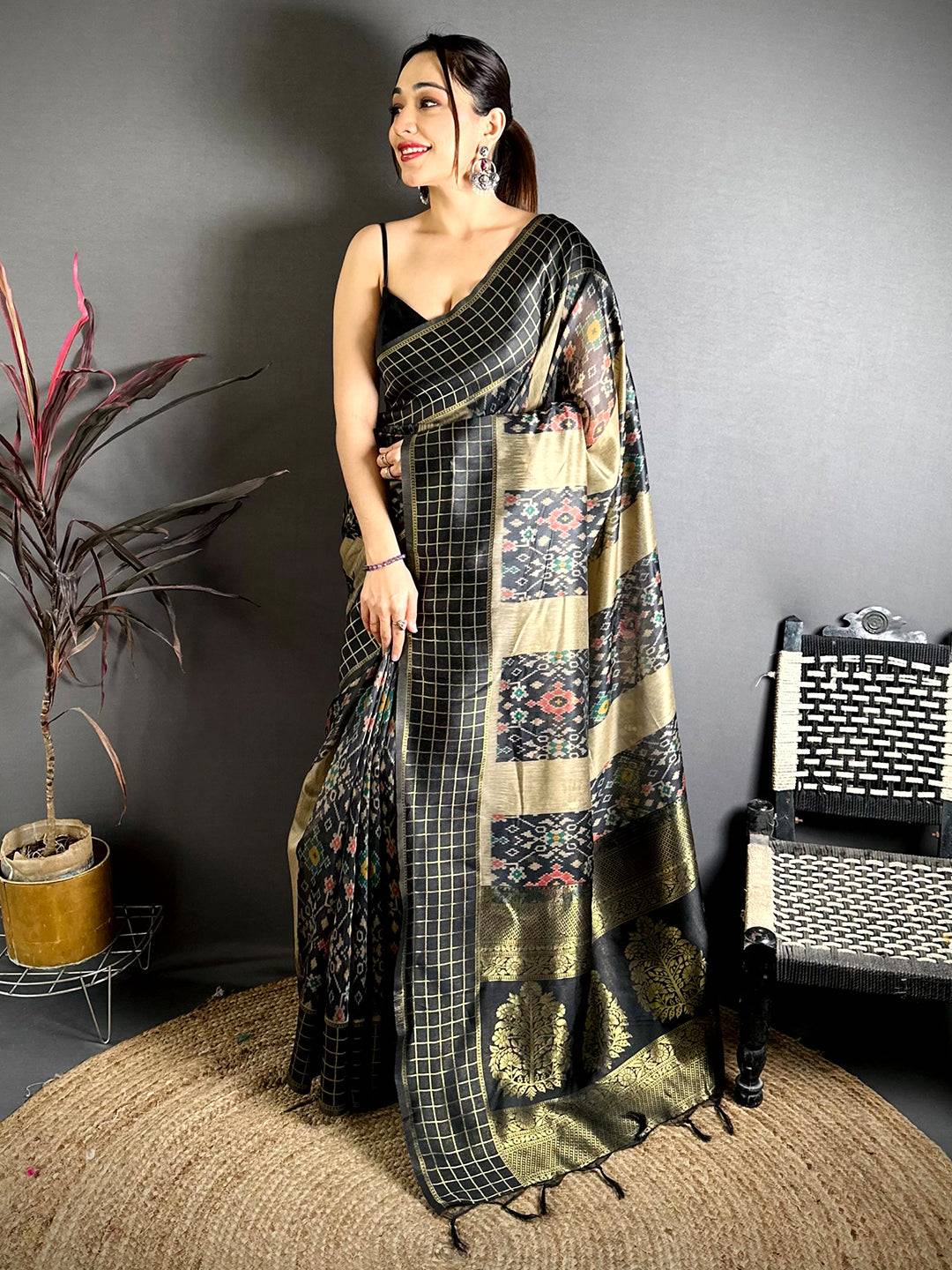 Stylish Black Soft Silk Zari Chex Pattu Saree