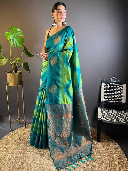 Parrot Green Tussar Silk Ikkat Weaving Pattu Saree