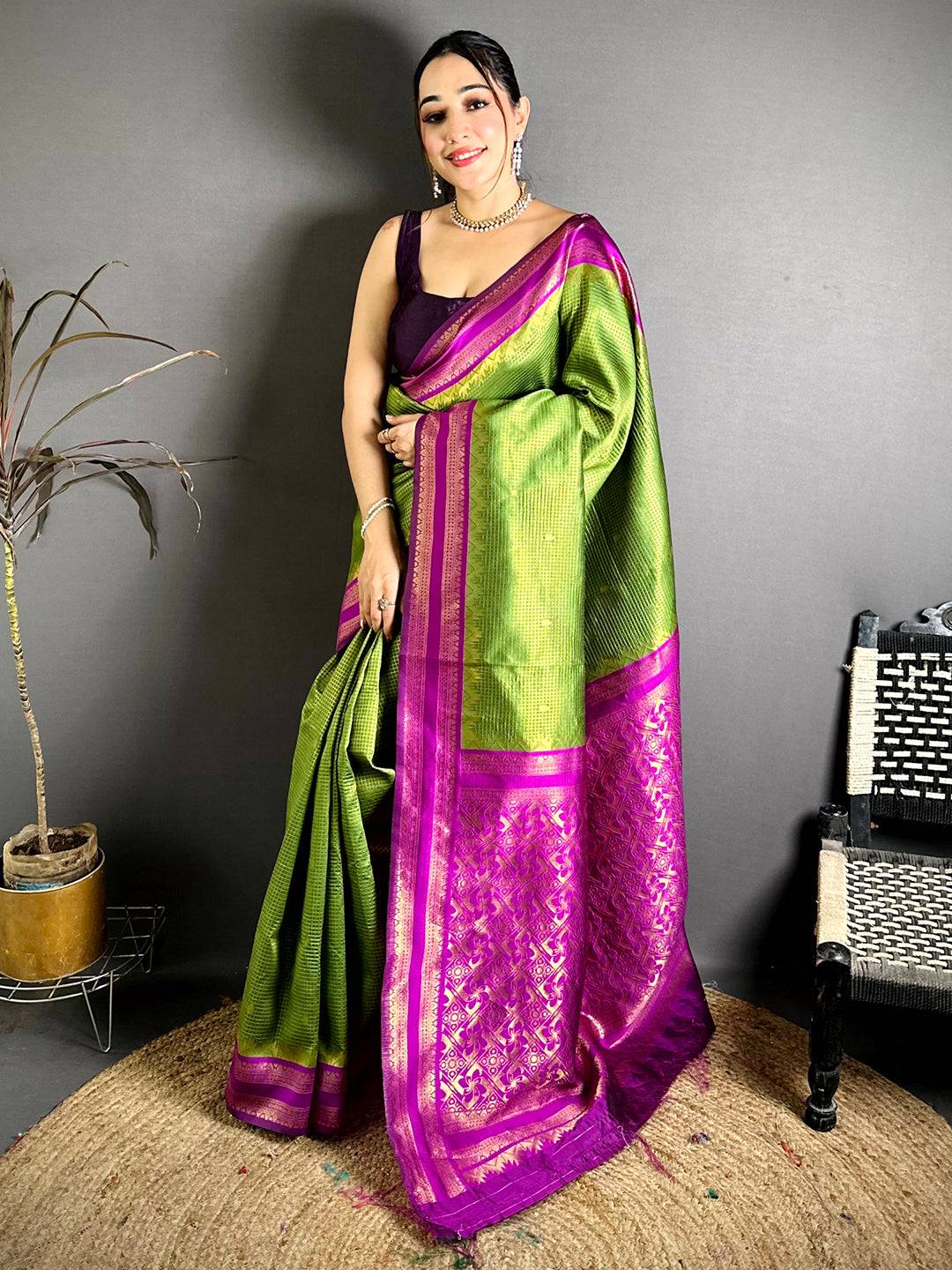 Lime Green Banarasi Katan Silk Gadwal Zari Pattu Saree