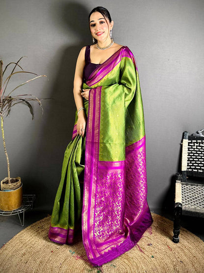 Lime Green Banarasi Katan Silk Gadwal Zari Pattu Saree