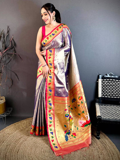 Royal Peach Zari Tissue Paithani Style Pattu Saree