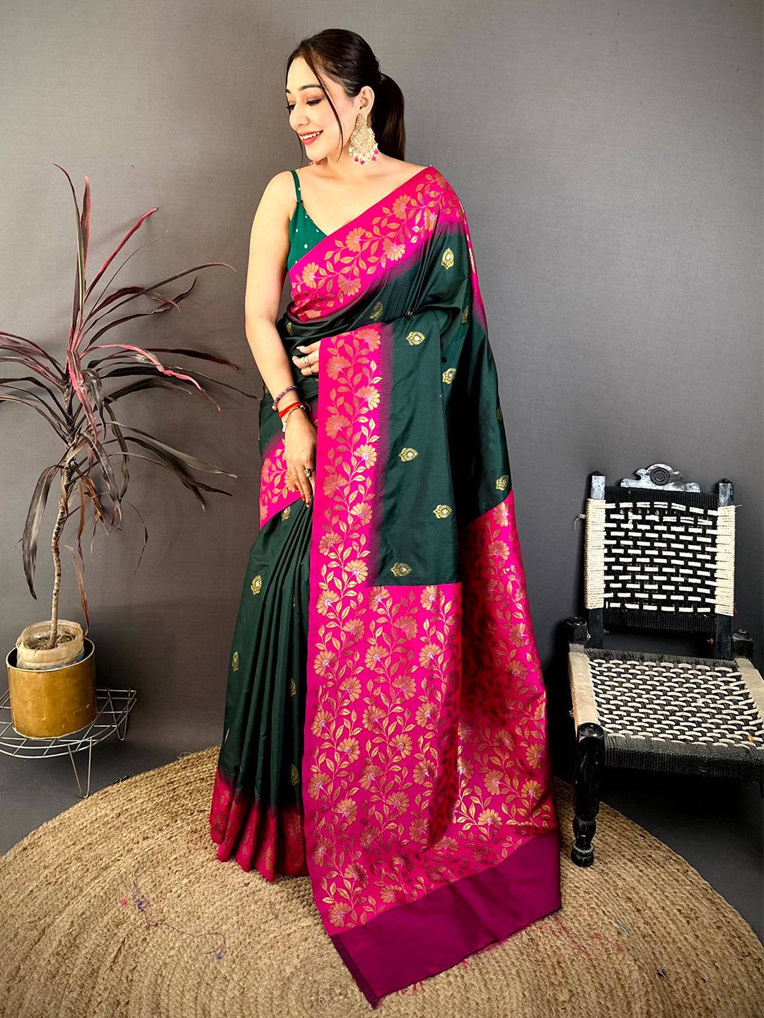 Deep Green Soft Silk Kanjivaram Pattu Saree