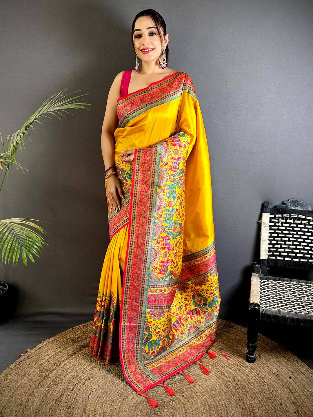 Yellow Kashmiri Art Soft Silk Pattu Saree