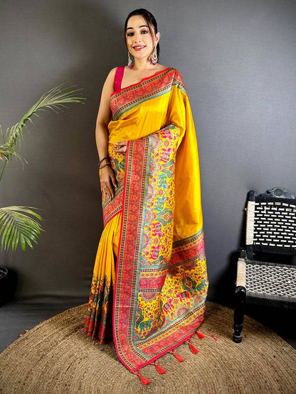Yellow Kashmiri Art Soft Silk Pattu Saree