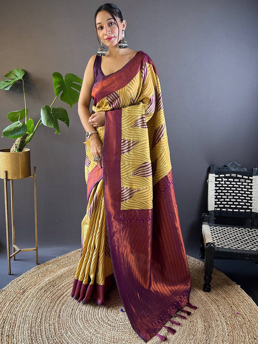 Olive Tussar Silk Zari Weaving Ikkat Pattu Saree