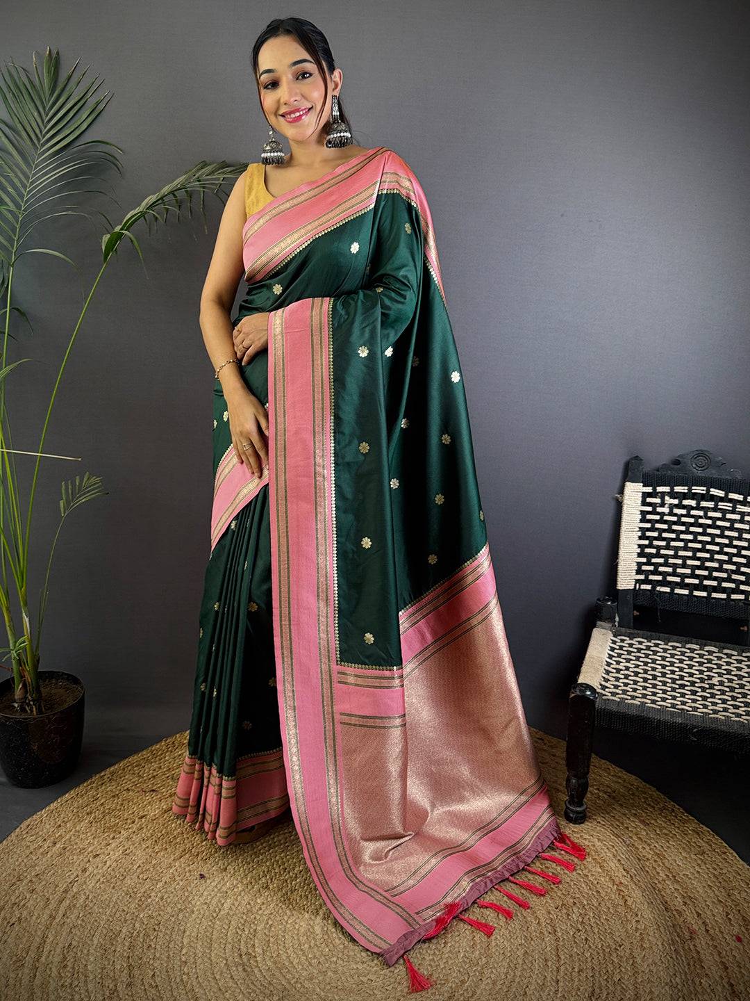Bottle Green Soft Silk Floral Butta Pattu Saree
