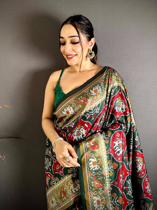Green Patola Weave Soft Semi Silk Pattu Saree