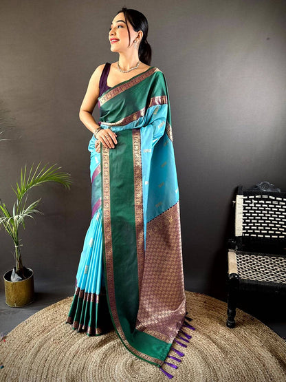 Sky Blue Gadhwal Pure Soft Silk Pattu Saree