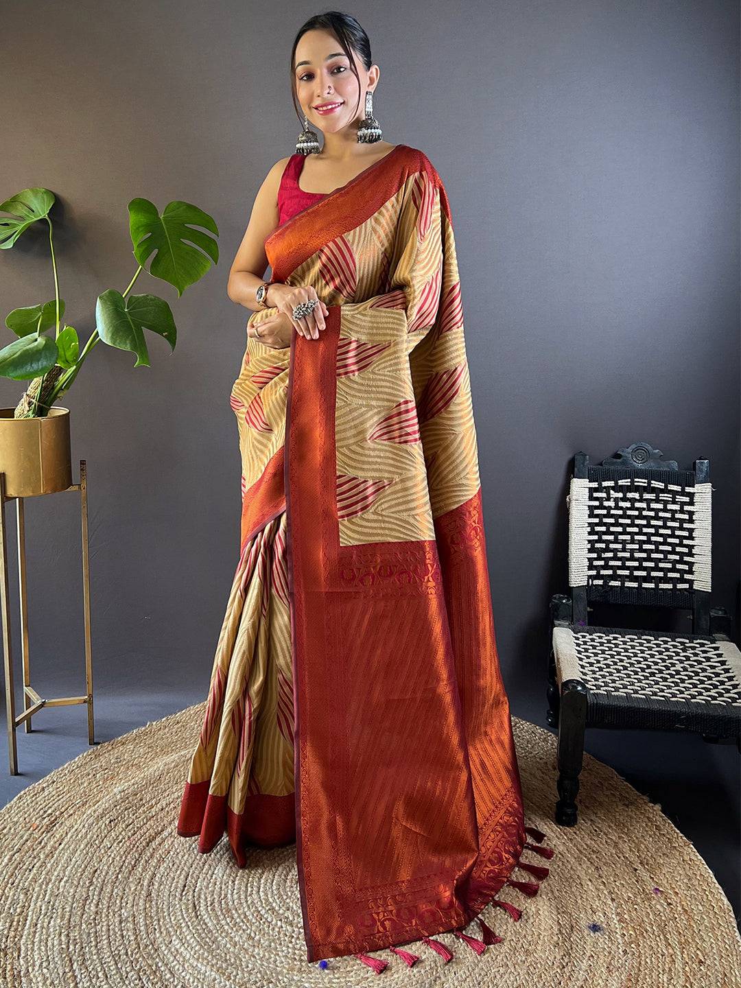 Tan Brown Tussar Silk Zari Weaving Ikkat Pattu Saree