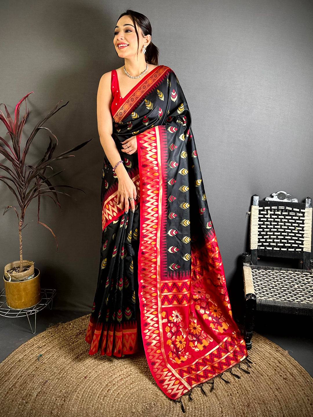 Black Ikkat Minakari Soft Silk Pattu Saree