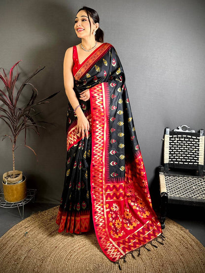 Black Ikkat Minakari Soft Silk Pattu Saree