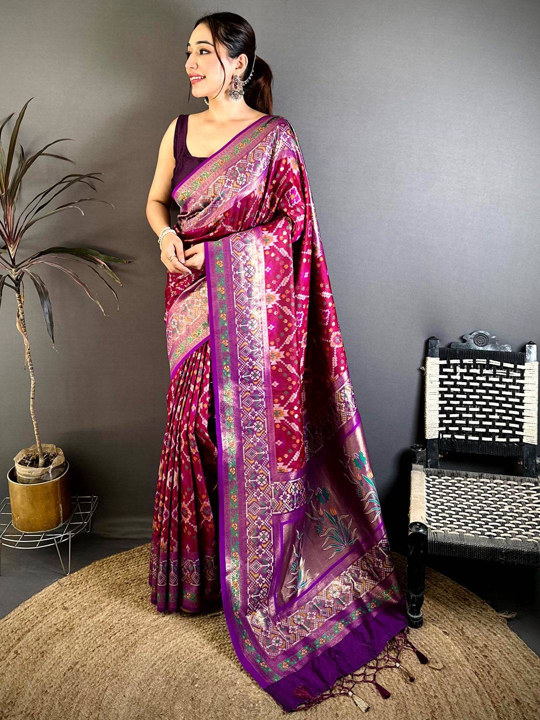 Wine Soft Semi Silk Double Ikkat Patola Pattu Saree