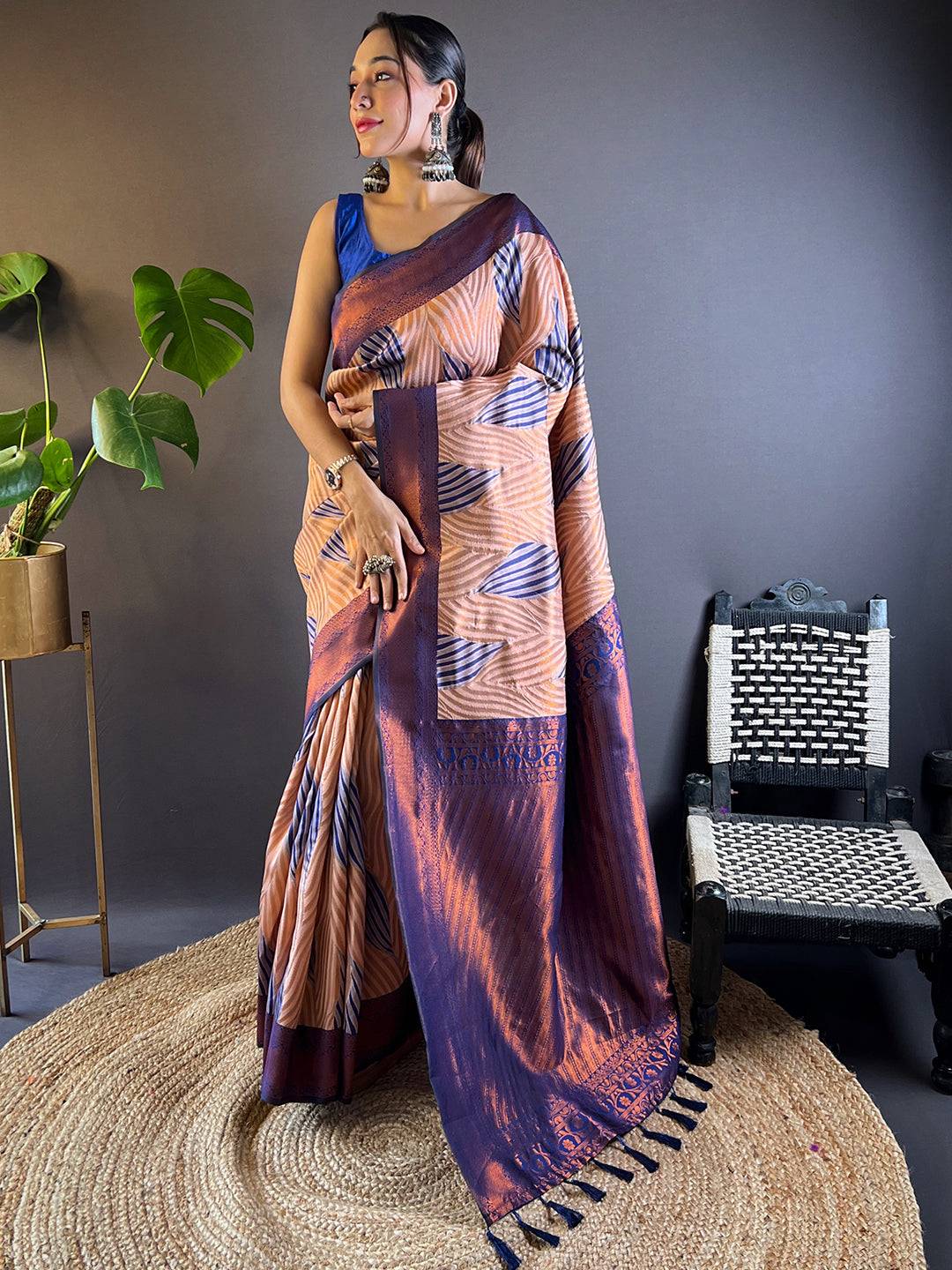 Peach Tussar Silk Zari Weaving Ikkat Pattu Saree