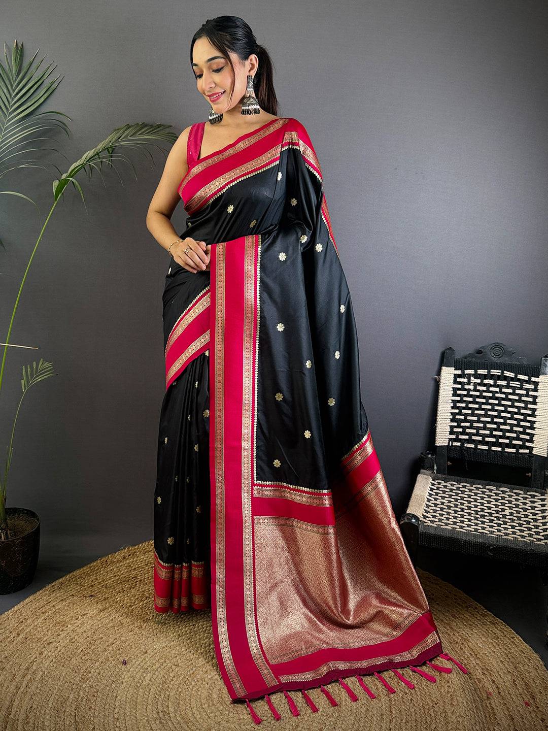 Raven Black Soft Silk Floral Butta Saree