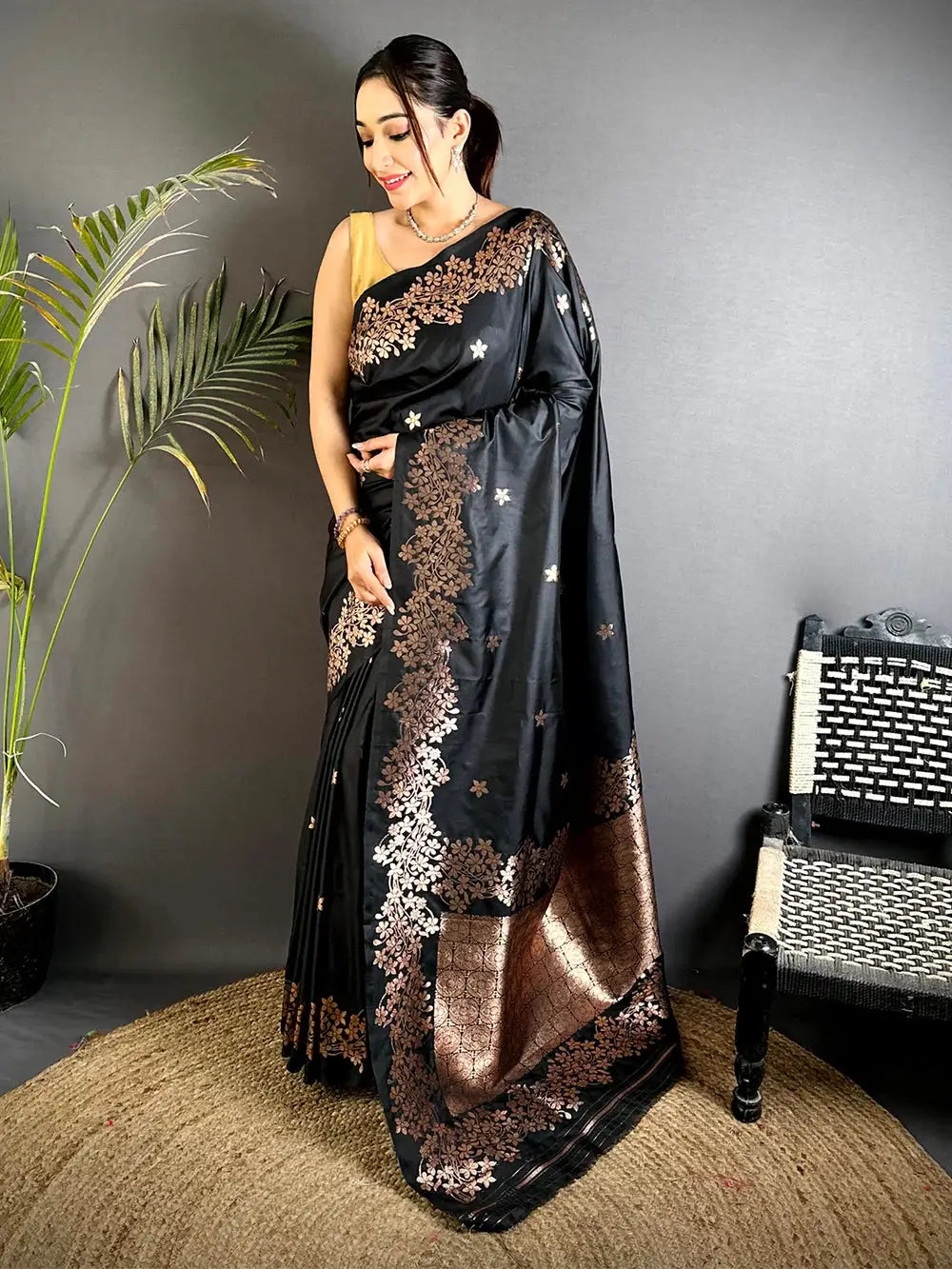 Rose Gold Blossom Soft Satin Silk Pattu Saree
