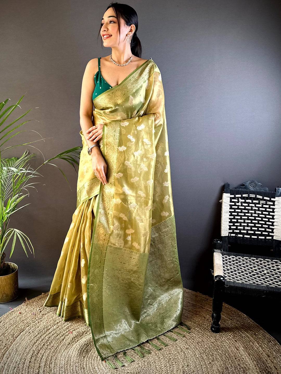 Graceful Olive Kora Tissue Pattu Saree